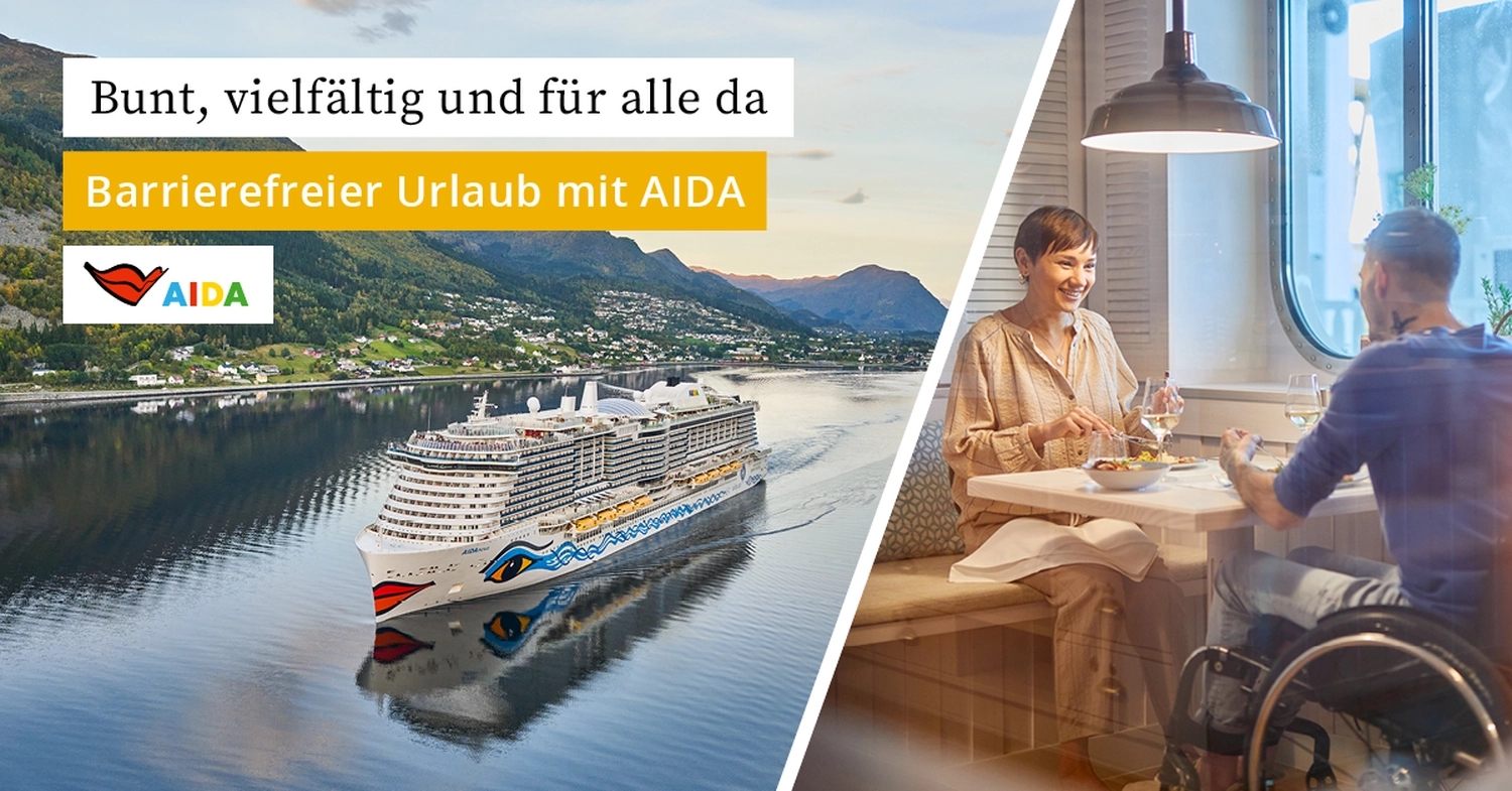 GTS – Reiseservice – AIDA-Werbebanner: Barrierefreies Kreuzfahrterlebnis mit einem AIDA-Schiff in einem Fjord und Gästen beim Speisen an Bord, darunter auch ein Rollstuhlfahrer.
