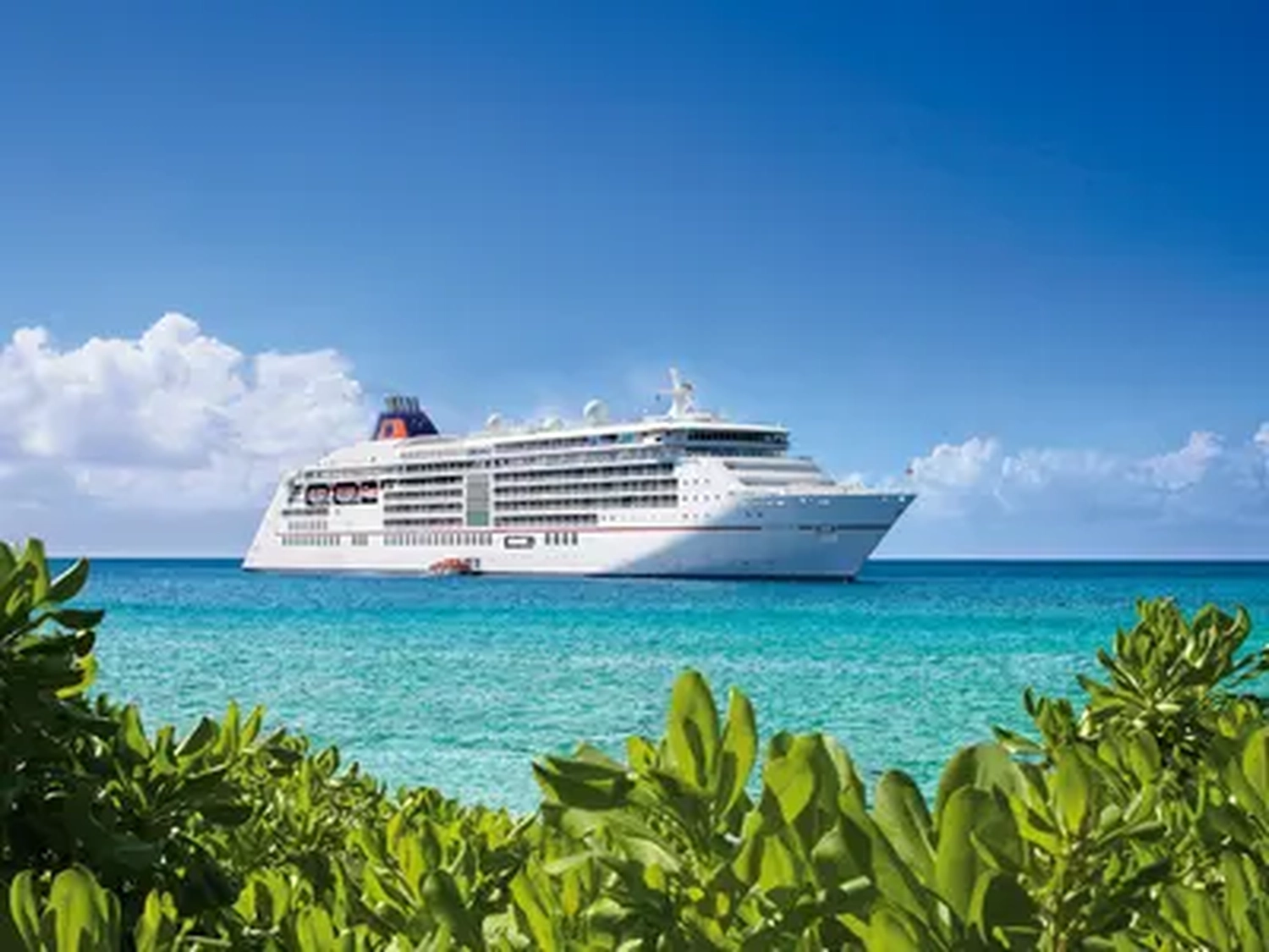 GTS - Reiseservice - Ein großes, weißes Kreuzfahrtschiff, das hinter grünem Laub in türkisfarbenem, tropischem Wasser vor Anker liegt