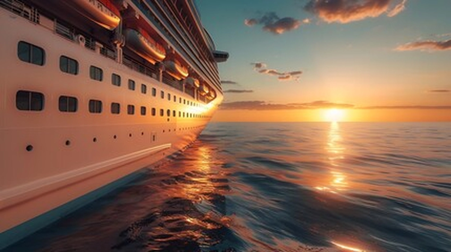 GTS - Reiseservice - Nahaufnahme eines Kreuzfahrtschiffrumpfs aus der Seitenansicht, der den hellen, goldenen Sonnenuntergang auf ruhigen Meereswellen reflektiert.